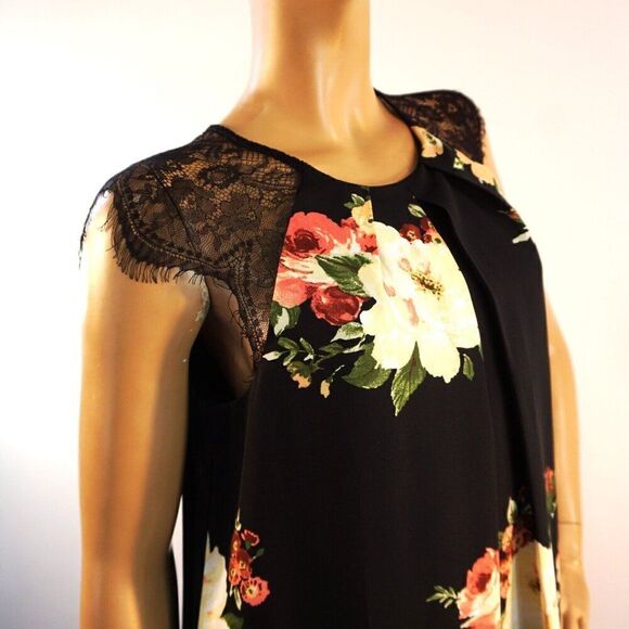 Bobeau Black Floral Shift Dress Womens Sz S Laced Shoulders Inverted Pleat Front - Picture 4 of 11